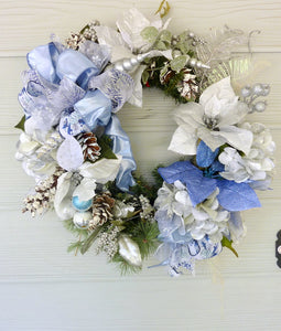 Christmas Decorations, Blue and White Poinsettia Wreaths