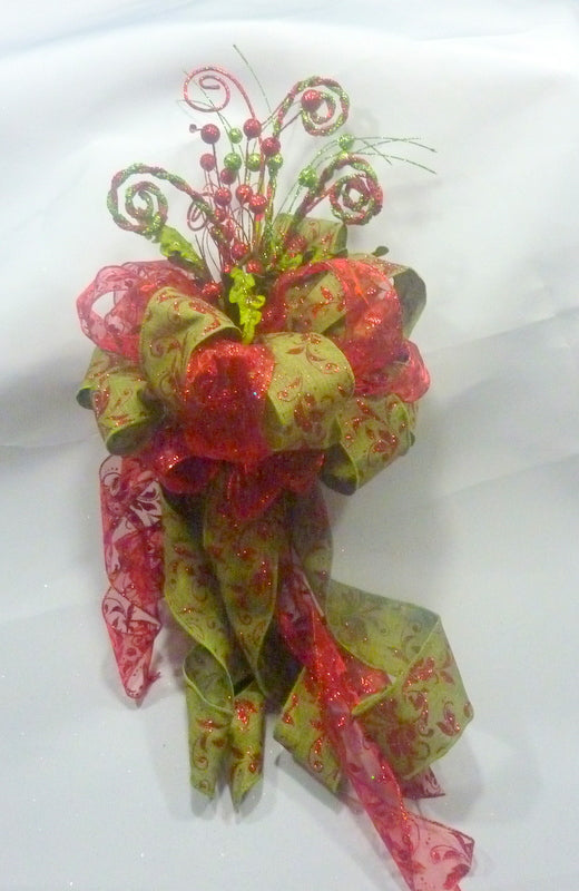 Red and Green Glittered Ribbon Tree topper, Bow Tree Topper