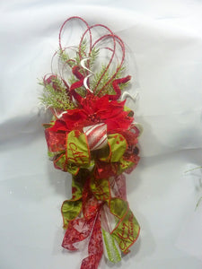 Red and Green Poinsettia Ribbon Tree topper, Bow Tree Topper