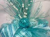 Ribbon Tree topper, Blue Green and white tree topper, Bow Tree Topper