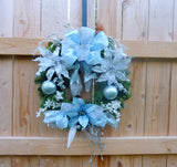 Blue and Silver Poinsettia Wreaths, Holiday Door Decor