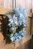 Blue and Silver Poinsettia Wreaths, Holiday Door Decor