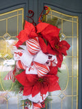 Red and White Christmas Door Swag, Christmas Wreath with Cardinal Ribbon