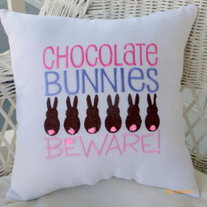 Easter pillow - Embroidered Pillow -Chocolate Bunnies Easter Decoration - Burlap bunny pillow - Julie Butler Creations