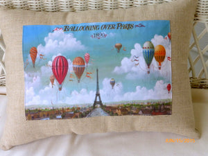 Paris Pillows - Ballooning over Paris Vintage 1890 poster pillow - French Country Decor - Julie Butler Creations
