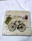 French Bicycles Travertine coasters - set of 4 - Vintage French Post cards and bicyclesr - Julie Butler Creations