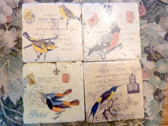 Bird Coasters - Stone Coasters - Travertine Tile Coaster - Vintage French Postcards - Julie Butler Creations
