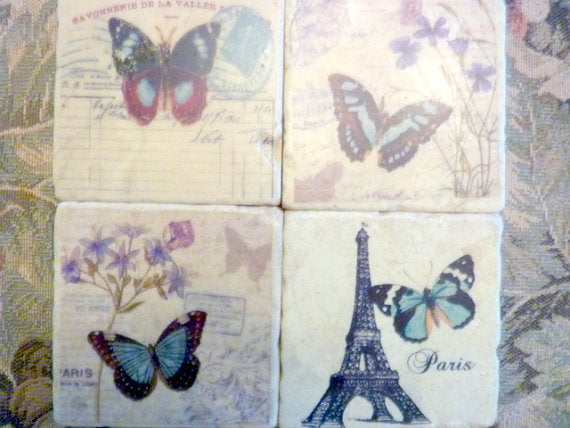 Tumbled Marble Coasters - Stone Coasters - French Postcards - butterflies - Julie Butler Creations