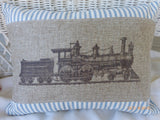 Train Pillow Cover - French Ticking and Burlap - Boys room decor - baby boys nursery pillow - Julie Butler Creations