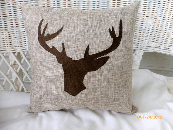 Deer Pillow -  Embroidered Deer Head - animal pillow - Burlap pillows - Buck Head - Julie Butler Creations