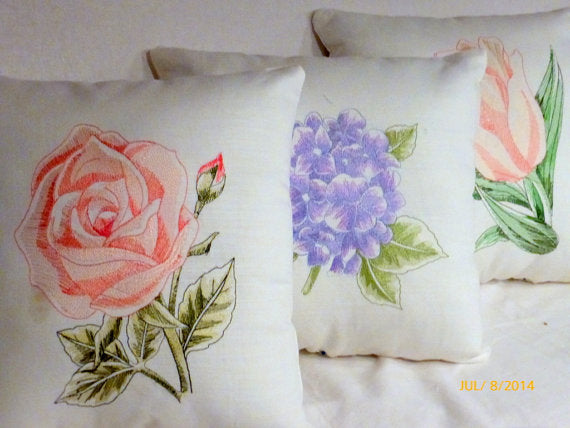 Embroidered pillow - Linen pillow salmon pink embroidered rose - decorative accent pillows - Julie Butler Creations