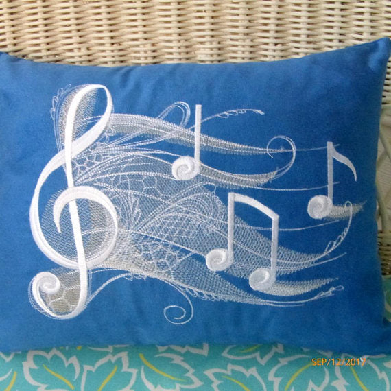 Music Pillow Cover - Embroidered Music Notes pillow - Royal Blue suede pillow covers - Julie Butler Creations