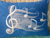 Music Pillow Cover - Embroidered Music Notes pillow - Royal Blue suede pillow covers - Julie Butler Creations