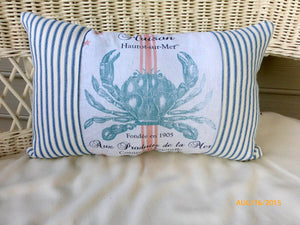 Blue Crab pillow - Paris pillow - Decorative Throw Pillow -Nautical pillow - Blue and White - Julie Butler Creations