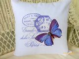 White Linen Pillow Cover - Vintage French Postcard - Butterfly pillow covers - French country decor - Julie Butler Creations