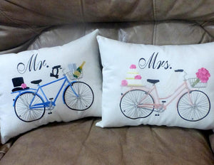 Mr and Mrs bike pillows - Wedding pillows - Embroidered Mr. and Mrs. pillows - Set of 2 - Julie Butler Creations