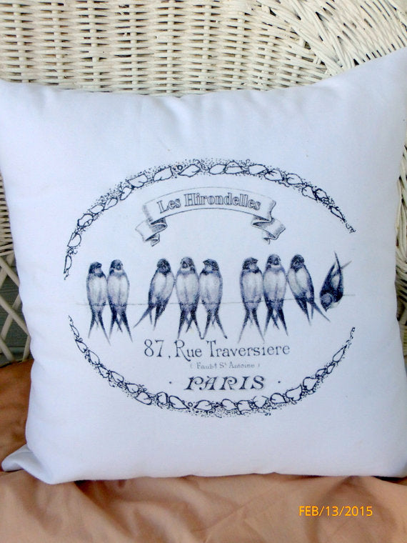 Paris Pillow Cover - White Brushed Twill - Paris Pillow - French Country Decor - bird pillow - Julie Butler Creations