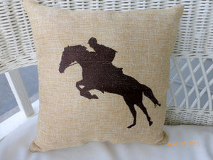 Equestrian pillow - Embroidered Burlap Horse pillow - Burlap pillow - Equestrian rider - Julie Butler Creations