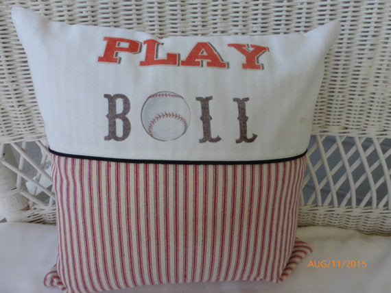 Play Ball Baseball Pillow - Red Stripe - sports pillow - Boys room decor - baby boys nursery pillow - Julie Butler Creations