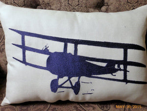 Embroidered Airplane Pillow - Burlap pillow - Accent Pillow - Antique Biplane pillow - Julie Butler Creations