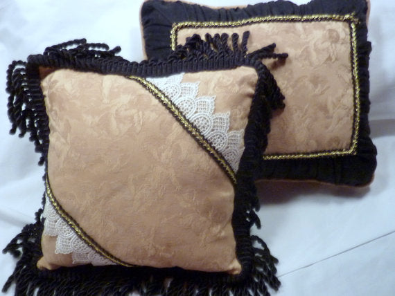 Set of 2 Decorative Pillows - Heavy Gold fabric with cherubs and black accents - Accent Pillows - Julie Butler Creations