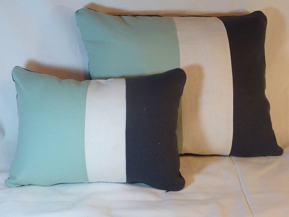 Color Blocked Linen Pillow Covers - Aqua Mist, White and Black - Striped Pillow cover - Set of two - Julie Butler Creations