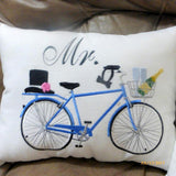 Mr and Mrs bike pillows - Wedding pillows - Embroidered Mr. and Mrs. pillows - Set of 2 - Julie Butler Creations