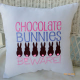 Easter pillow - Embroidered Pillow - White Burlap - Chocolate Bunnies Beware -Easter decorations - Julie Butler Creations