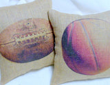 Football Pillows - Burlap pillows - Vintage sports pillows - Boys room decor  - Football decor - Julie Butler Creations