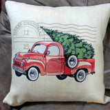Red Truck pillow cover - Embroidered Red Pickup Christmas Pillow - Burlap Christmas pillow - Julie Butler Creations