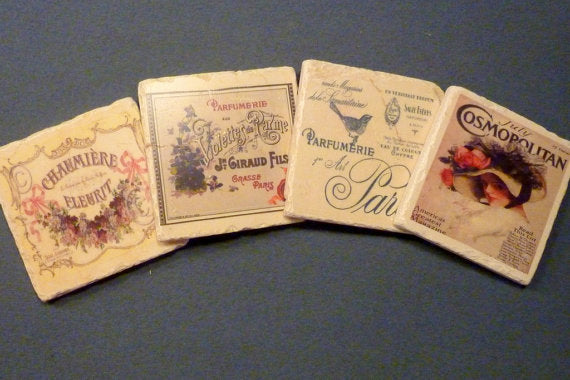 Drink coasters - Stone Coasters - French Perfume ads - Marble Coasters - Travertine coaster - Julie Butler Creations