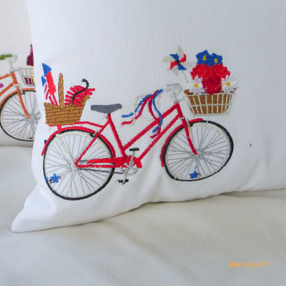 Bike Pillow cover Embroidered bicycle pillow 4th of July pillow cove Julie Butler Creations