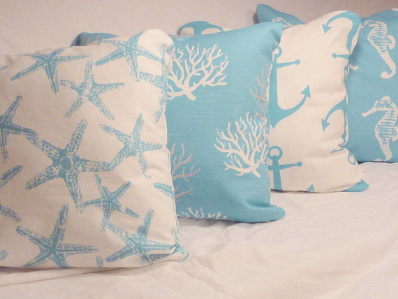 Nautical Pillow covers Set of 4 - Coastal blue - Premier Prints Slub Drapery Fabric - Julie Butler Creations