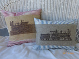 Train Pillow Cover - French Ticking and Burlap - Boys room decor - baby boys nursery pillow - Julie Butler Creations