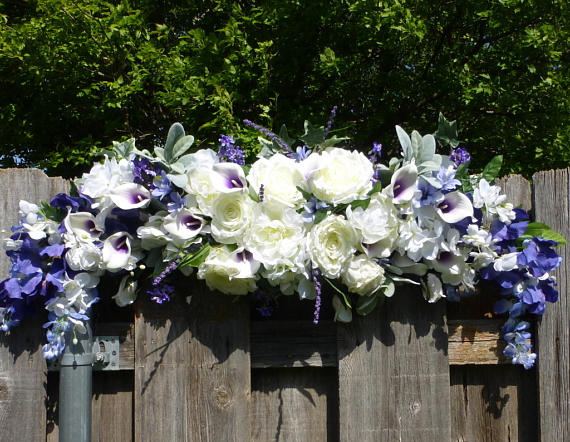 Wedding Arch Flowers - Purple and white Rose swag - Wedding swag - Wedding Arbor Decorations . - Julie Butler Creations